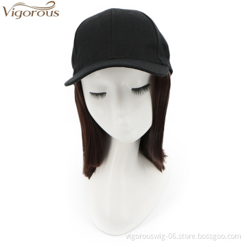 Vigorous Top Quality Baseball Hat Hair Extension Hat Wig For Black Women Synthetic Short Straight Dark Brown Heat Resistant